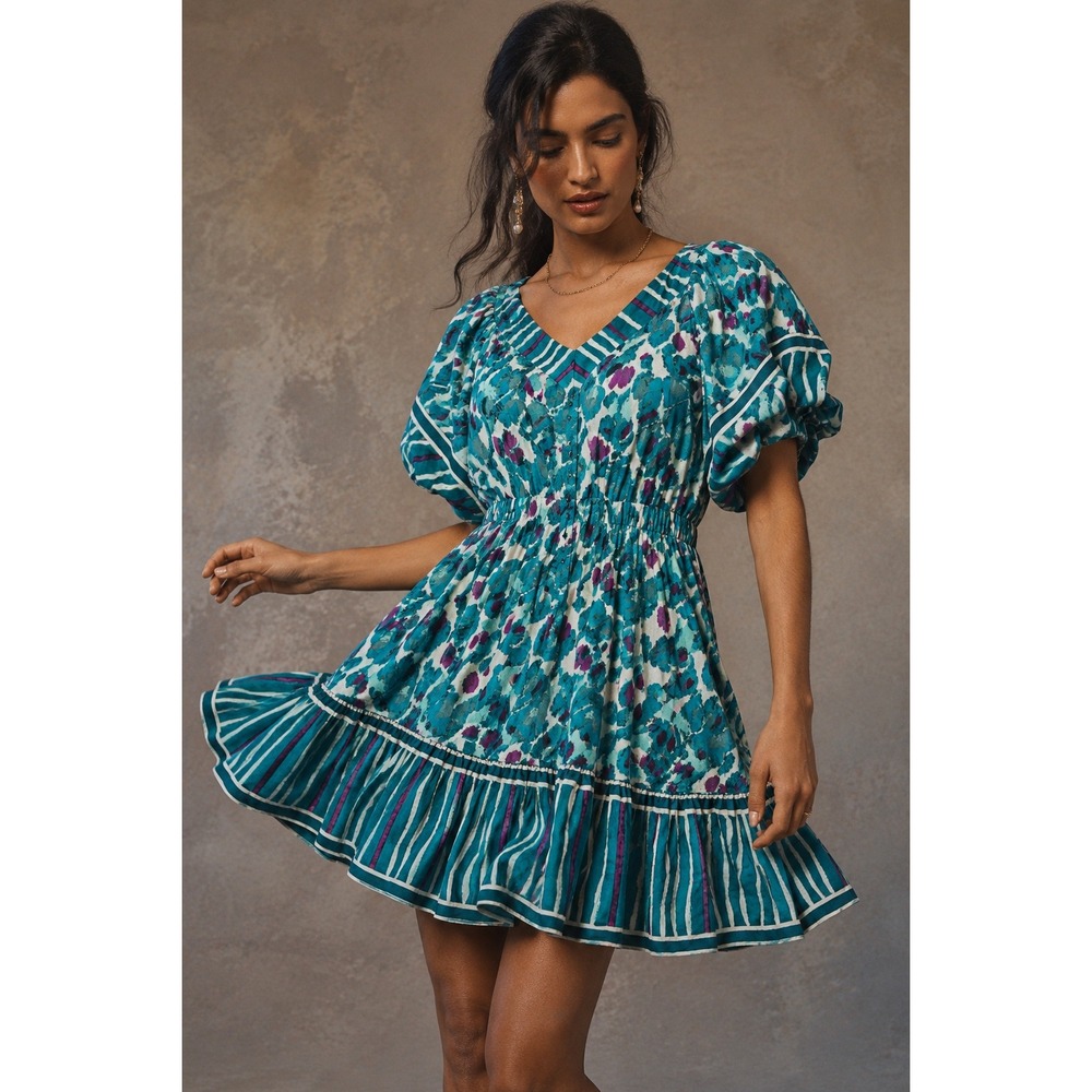 Masseys Teal Floral Puff Sleeve Smocked Mini Dress Plus Size 3X Cotton‎ Linen
